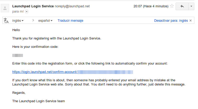 confirmar el registro de Launchpad